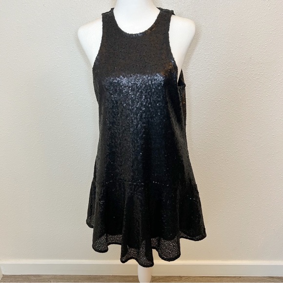 Free People Black Sequin Mini Dress Swing Racerback Boho Shiny Holiday Party - Picture 3 of 8